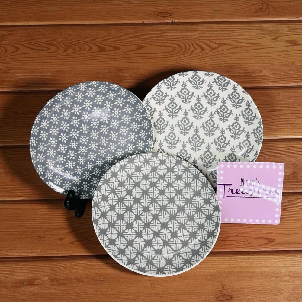 Mainstays Gray & White ABSTRACT FLORAL MIX MATCH Ceramic Lunch Salad Plate Set 3